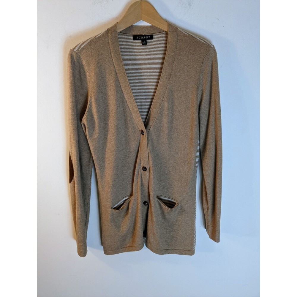 Foxcroft Cardigan Brown, Striped, Elbow Patches, Covered Buttons Size Small